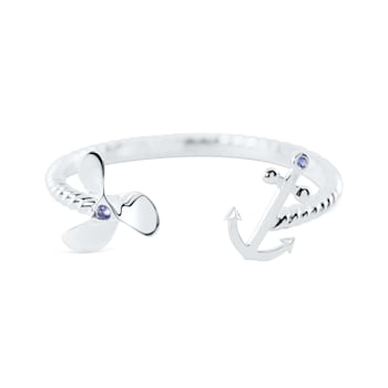 Sterling Silver Propeller-Anchor Cuff Bracelet with Blue CZ Accents.