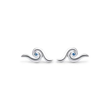Sterling Silver Wave Stud Earrings with Blue CZ Accents.