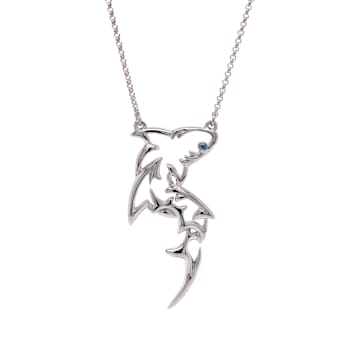 Sterling Silver Shark Silhouette Necklace with Rolo Chain and Blue CZ Accent.