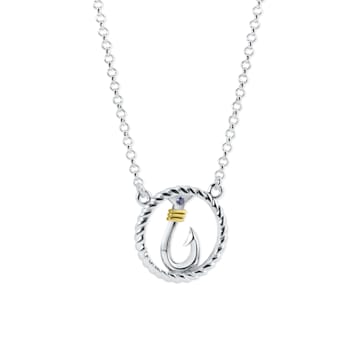 Sterling Silver Fishing Hook Circle Necklace with Rolo Chain and Blue CZ Accent.