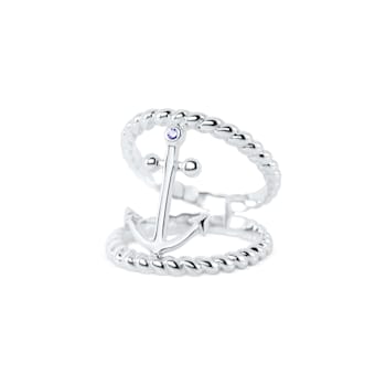 Sterling Silver Anchor Open Rope Design Ring with Blue CZ Accent.