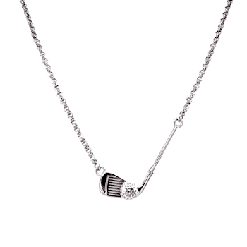 Rhodium over Sterling Silver Golf Club and Ball Necklace with Rolo Chain
and Crystal Accents.