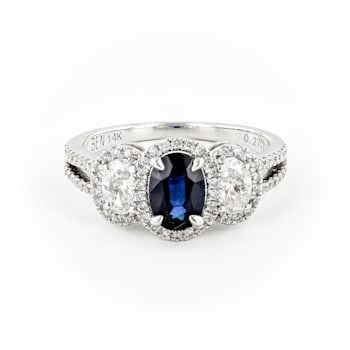 Oval Halo 3 Stone Semi with Sapphire Center 14K White Gold Ring