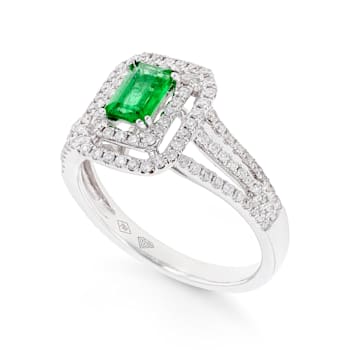 Emerald and White 18K White Gold Double Halo Ring