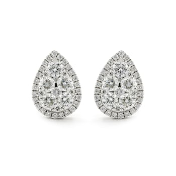 Round Diamond Halo Cluster 14K White Gold Earrings