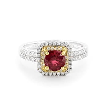 Red Ruby with Yellow and White Diamonds 18K Two-tone Gold Ring