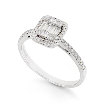 Round and Baguette Diamond Halo 14K White Gold Ring