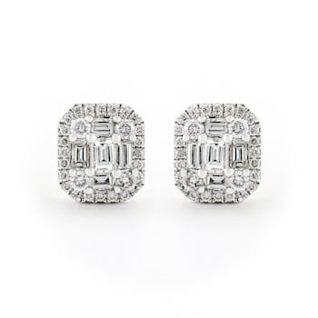 Round, Emerald & Baguette Cut Diamond Cluster 14K White Gold Earrings