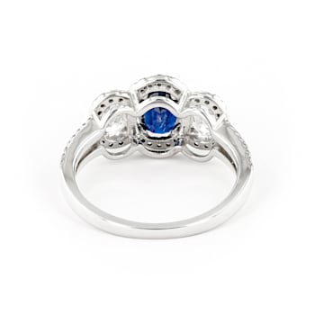 Oval Halo 3 Stone Semi with Sapphire Center 14K White Gold Ring