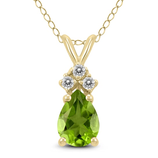 14K Yellow Gold 6x4MM Pear Peridot and Three Stone Diamond Pendant