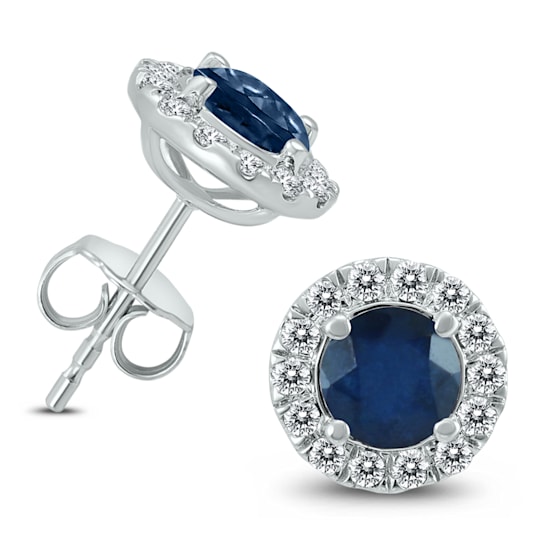 Genuine 1 3/4 Carat TW Natural Sapphire And Real Diamond Halo Earrings
in 14K White Gold