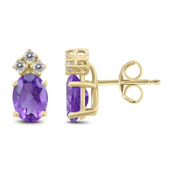 14K Yellow Gold 8x6MM Oval Amethyst and Three Stone Diamond Earrings