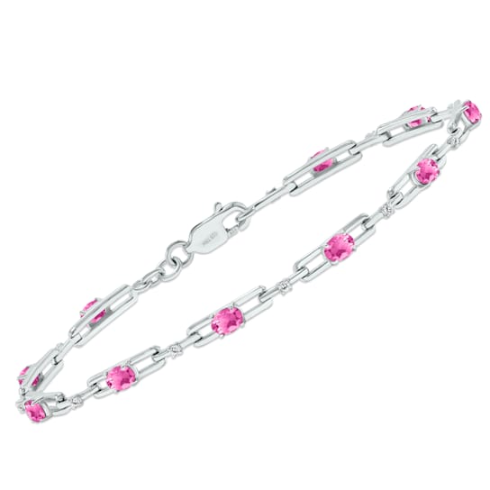 Sterling Silver Pink Topaz and Natural Diamond Double Bar Link Bracelet