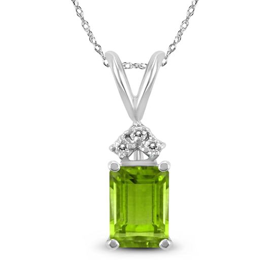 14K White Gold 8x6MM Emerald Shaped Peridot and Three Stone Diamond Pendant