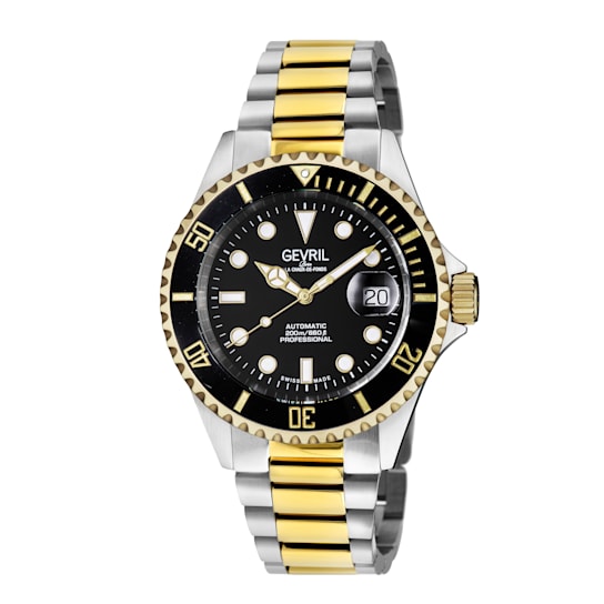 Gevril Men's Wall Street Black Dial Two Tone IP Gold Stainless Steel
Bracelet Watch