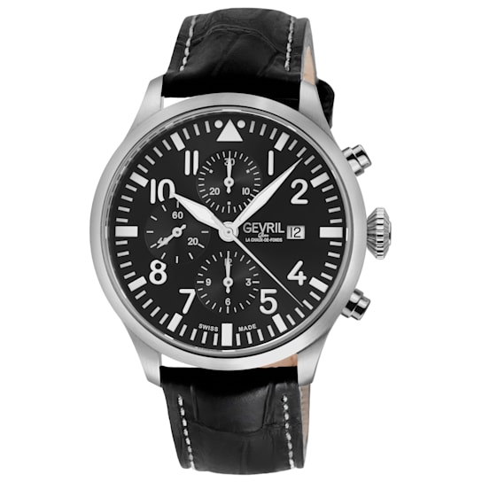 Gevril Men's Vaughn 316L Stainless Steel Case, Black Dial, Genuine Black
Leather Watch