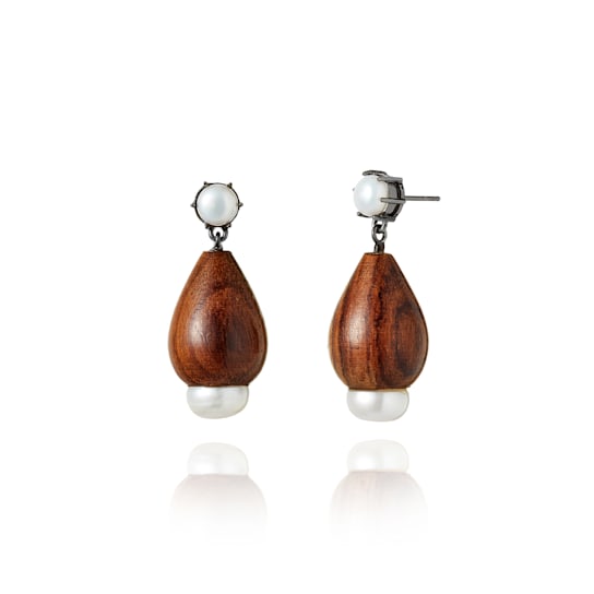 MCL Design Pearl Wood Drop Earrings