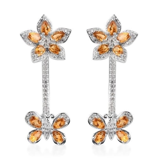 Sterling Silver 2 in 1 Citrine Flower and Butterfly Drop Earrings