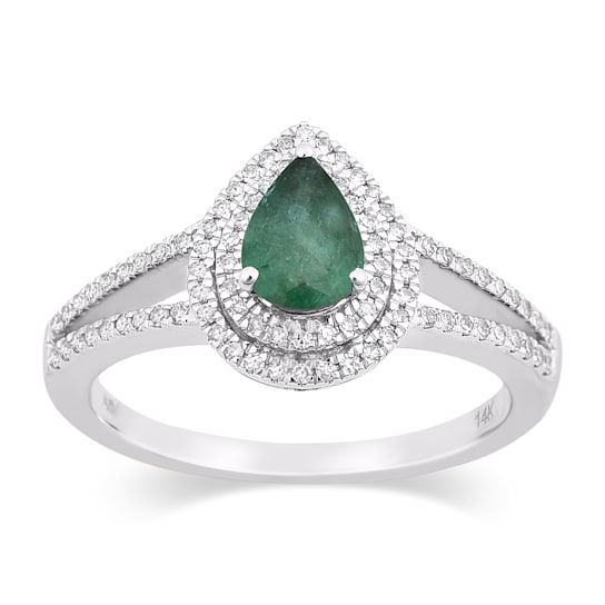 14K White Gold, 0.64ctw  Pear Emerald & 0.23ctw Diamond Split Shank Ring