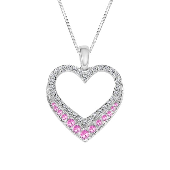 Sterling Silver Created Pink Sapphire and Created White Sapphire Double
Heart Pendant with Chain