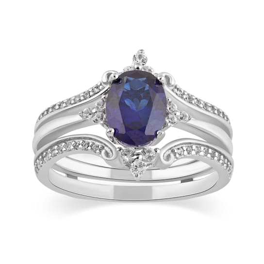 925 Sterling Silver ,Created Blue Sapphire and Created White Sapphire
Gemstone Bridal Ring-Set