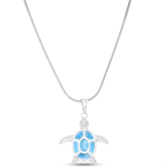 Textured Larimar Turtle Adjustable Rhodium Over Sterling Silver Necklace