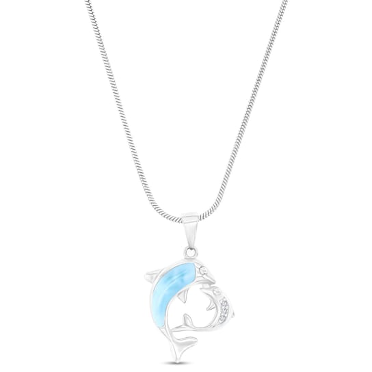 Larimar and Cubic Zirconia Mama/Baby Dolphin Rhodium Over Sterling
Silver Adjustable Necklace