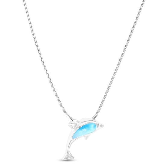 Larimar Dolphin Rhodium Over Sterling Silver Adjustable Necklace