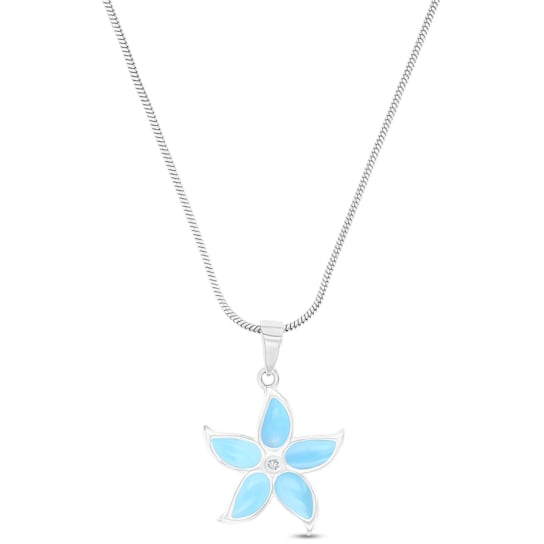 Larimar Flower Rhodium Over Sterling Silver Adjustable Necklace