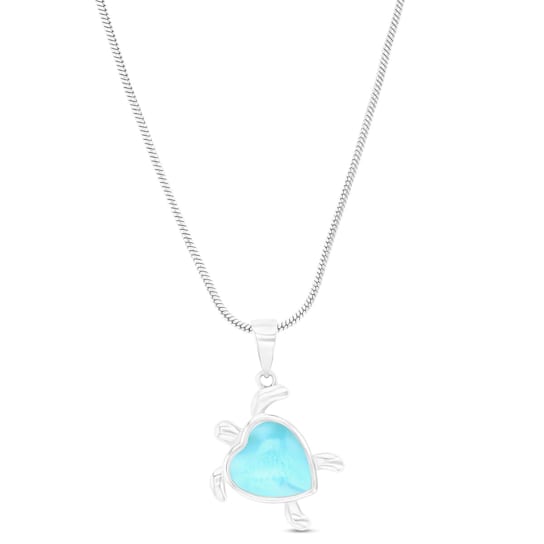 Heart Larimar Turtle Rhodium Over Sterling Silver Adjustable Necklace