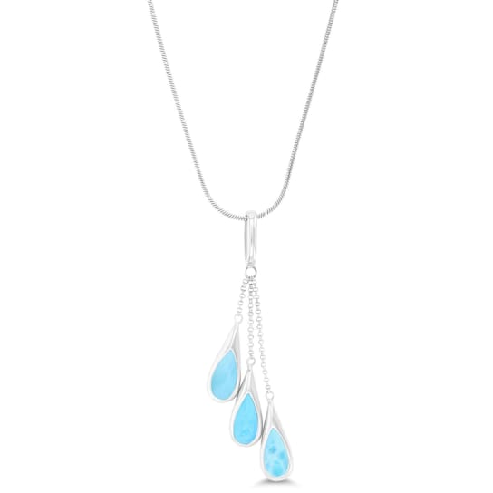 Larimar Triple Pear Rhodium Over Sterling Silver Adjustable Necklace