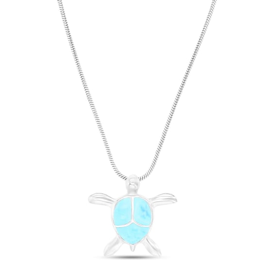 Larimar Swimming Turtle Rhodium Over Sterling Silver Adjustable Necklace