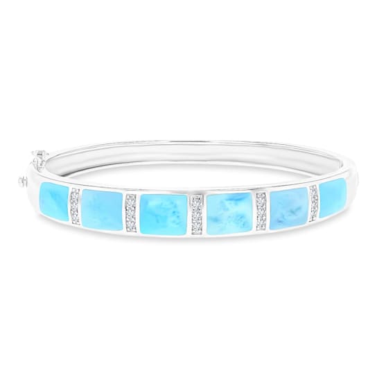 Larimar and Cubic Zirconia Rhodium Over Sterling Silver Bangle Bracelet