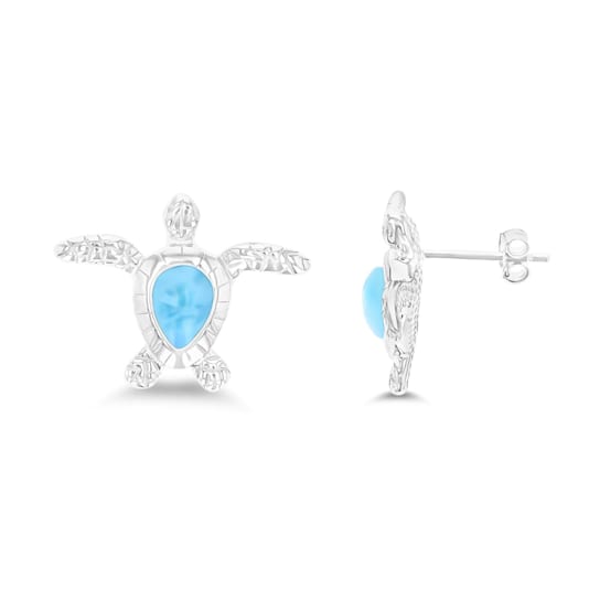 Textured Larimar Turtle Rhodium Over Sterling Silver Stud Earring
