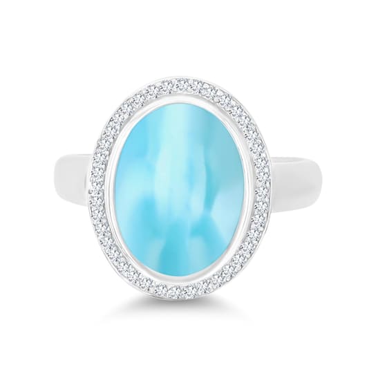 Larimar and Cubic Zirconia Rhodium Over Sterling Silver Halo Ring