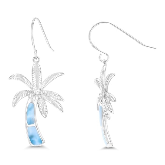 Larimar Palm Tree Rhodium Over Sterling Silver Fishhook Earring