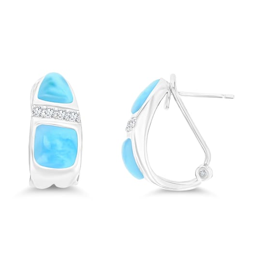 Larimar and Cubic Zirconia Row Omega Rhodium Over Sterling Silver Huggie Earring