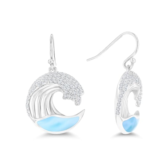 Larimar and Cubic Zirconia Wave Rhodium Over Sterling Silver FishHook Earring