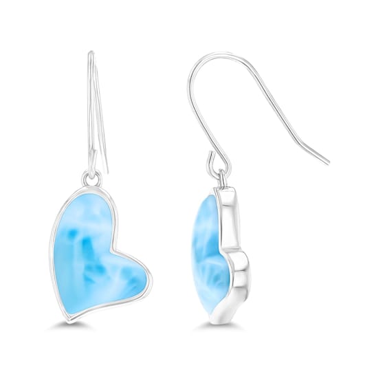 Larimar Heart Dangling Rhodium Over Sterling Silver Fishhook Earring