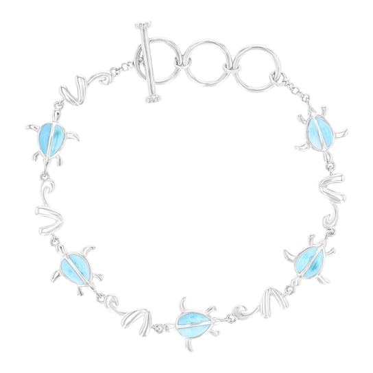 Larimar Rhodium Over Sterling Silver Nautical Turtle Bracelet