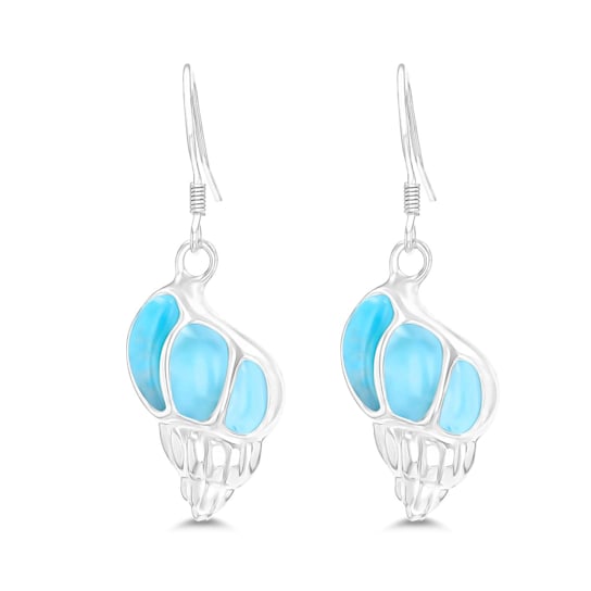 Larimar Seashell Rhodium Over Sterling Silver Fishhook Earring