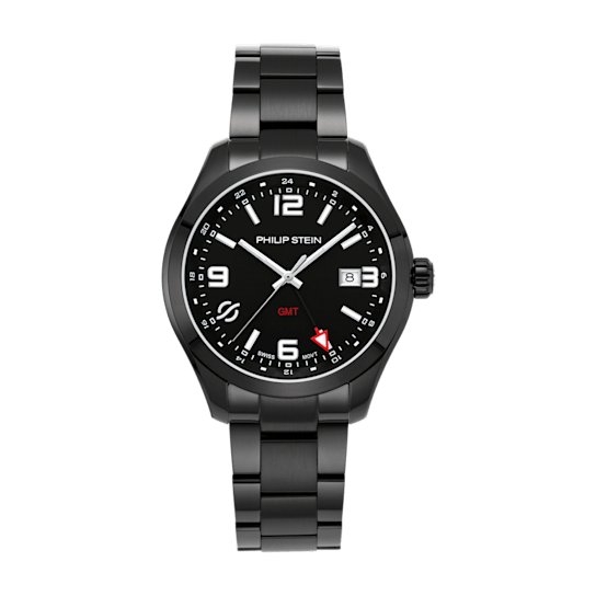 Philip Stein Traveler Swiss Ronda 515 42mm Black GMT Watch - 92B-GMTBLK-SSBP