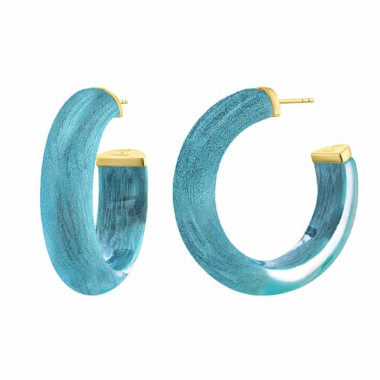 14K Yellow Gold Over Sterling Silver Medium Illusion Teal Lucite Hoops