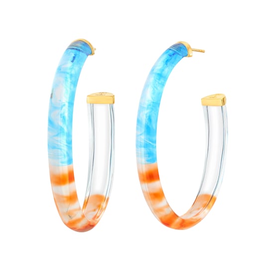 14K Yellow Gold Over Sterling Silver XL Oval Tie Dye Lucite Hoop
Earrings in Blue and Orange