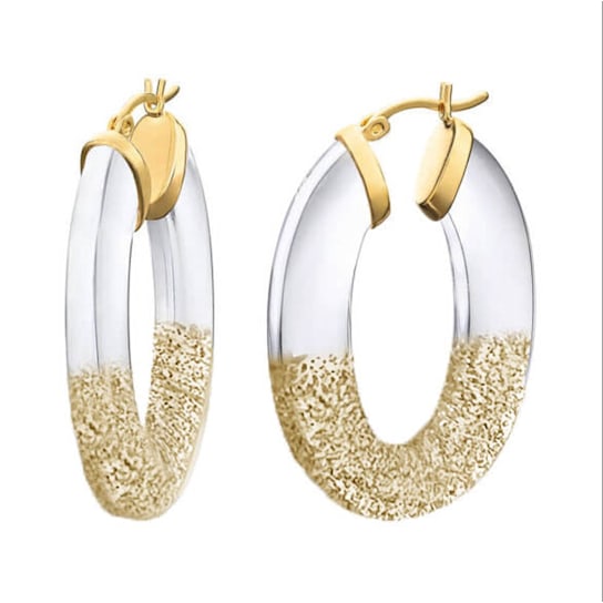 14K Yellow Gold Over Sterling Silver Gold Glitter Flat Oval Hoops in Clear