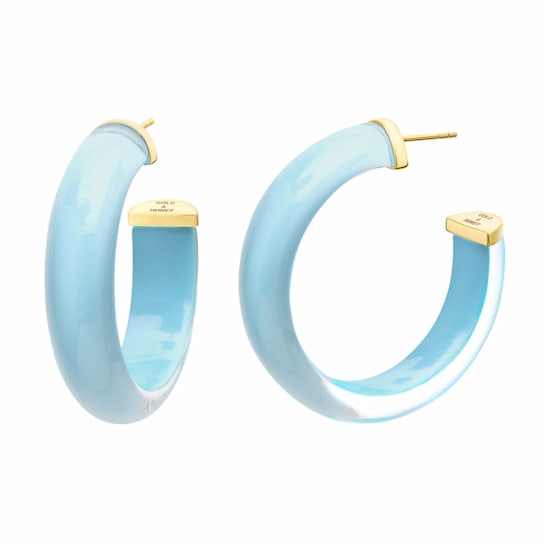 14K Yellow Gold Over Sterling Silver Medium Illusion Ice Blue Lucite Hoops