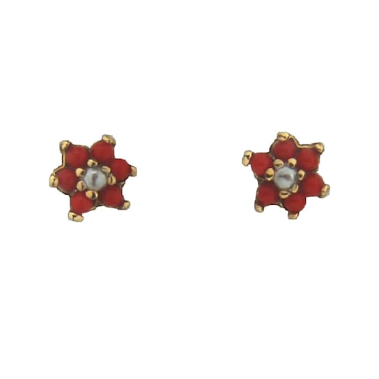 18K Yellow Gold Small Coral and Pearl Screwback Earrings
