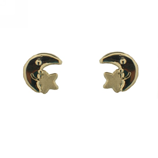18K Solid Yellow Gold Half Moon with Star Screwback Earrings