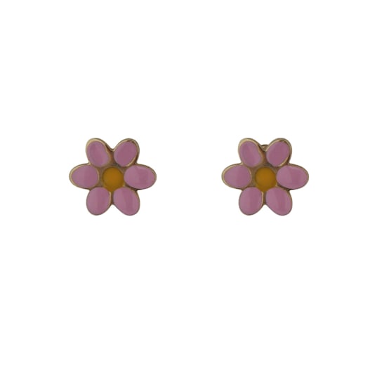 18K Solid Yellow Gold Pink and Yellow Enamel Flower Post Earrings