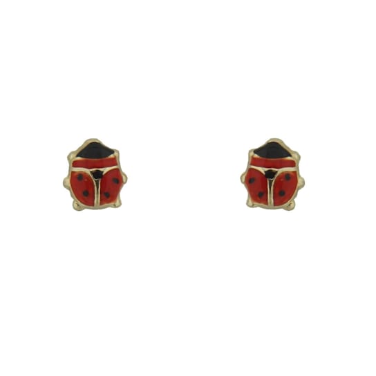 18K Solid Yellow Gold Small Red Enamel Lady Bug Post Earrings